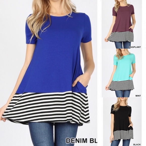 New Black Premium Short Sleeve Striped Top Pockets - Picture 6 of 8